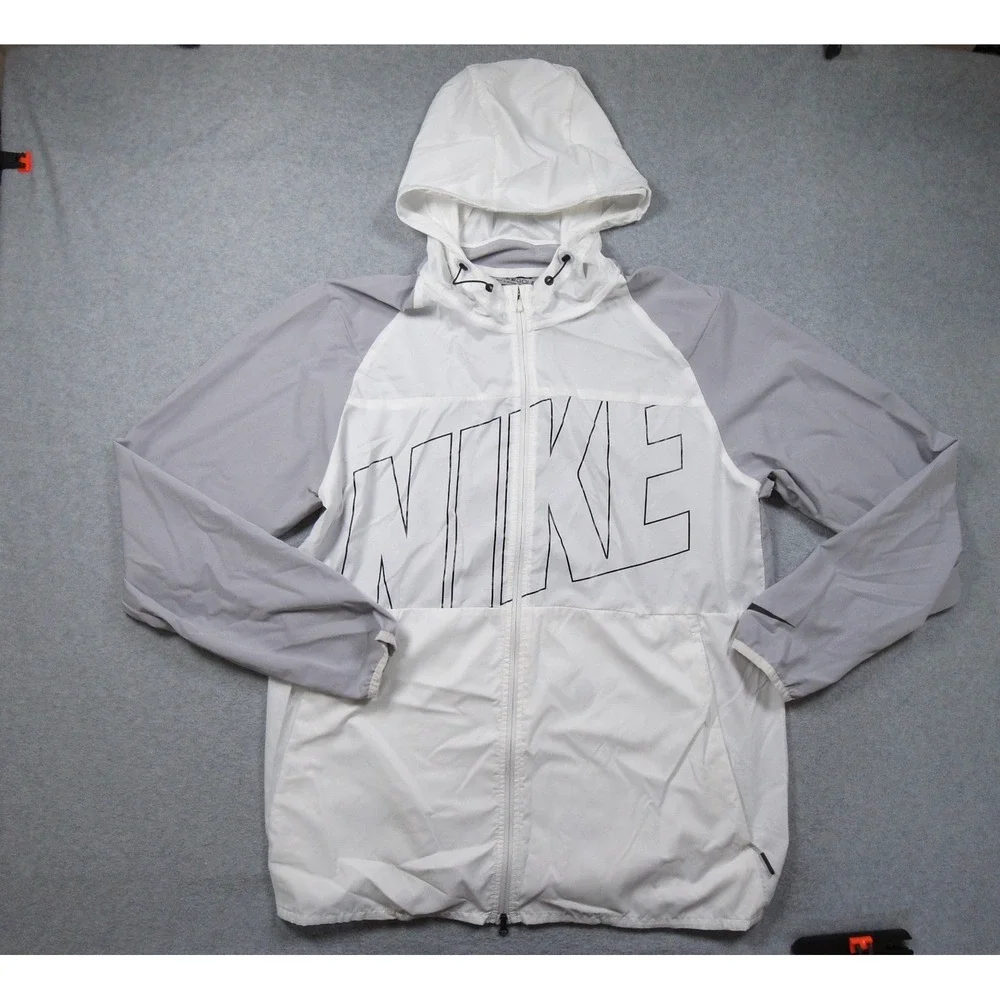 Nike Golf Jacket Mens Medium White Windbreaker Hooded Full Zip Lightweight